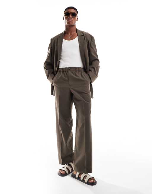 Pantalones de traje marrón jaspeado sin cierres de corte ancho de tejido texturizado de ASOS DESIGN