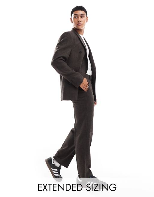 Pantalones de traje marrones de corte recto con patrón de espiga de mezcla de lana de ASOS DESIGN