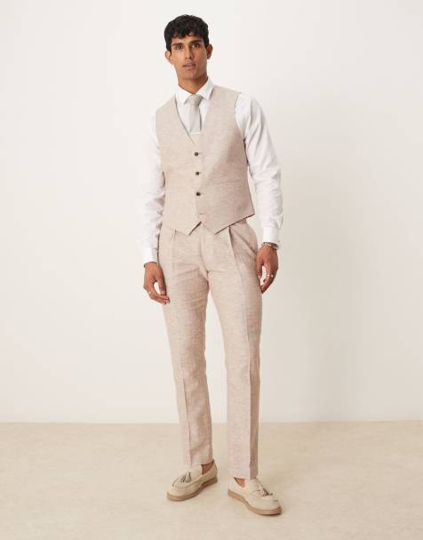 Pantalones de traje marrones de corte slim con patrón de espiga de mezcla de algodón y lino de ASOS DESIGN - view 1