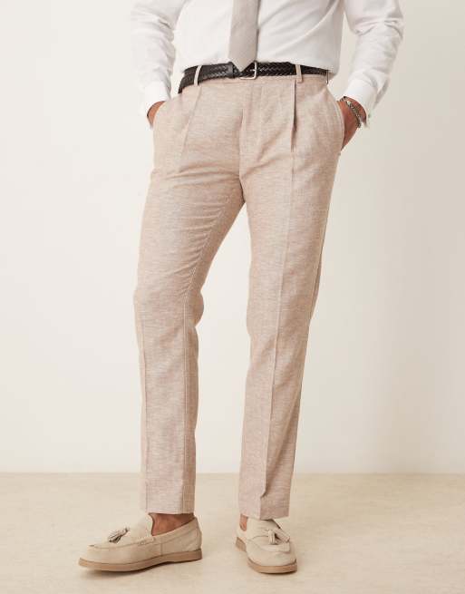 Pantalones de traje marrones de corte slim con patrón de espiga de mezcla de algodón y lino de ASOS DESIGN, 2 de 5