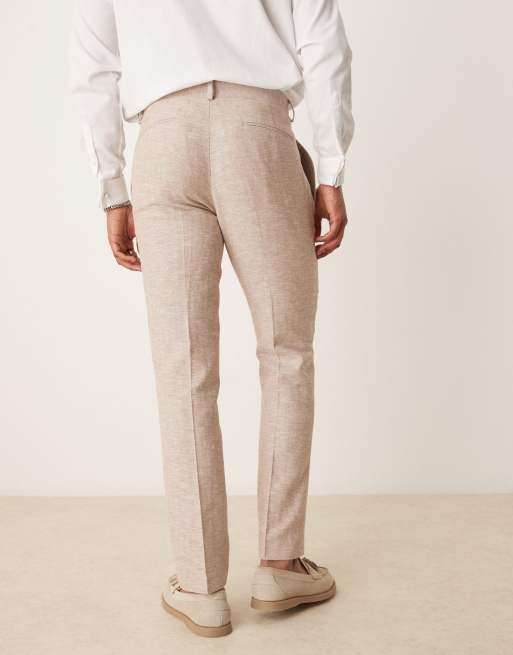 Pantalones de traje marrones de corte slim con patrón de espiga de mezcla de algodón y lino de ASOS DESIGN, 3 de 5