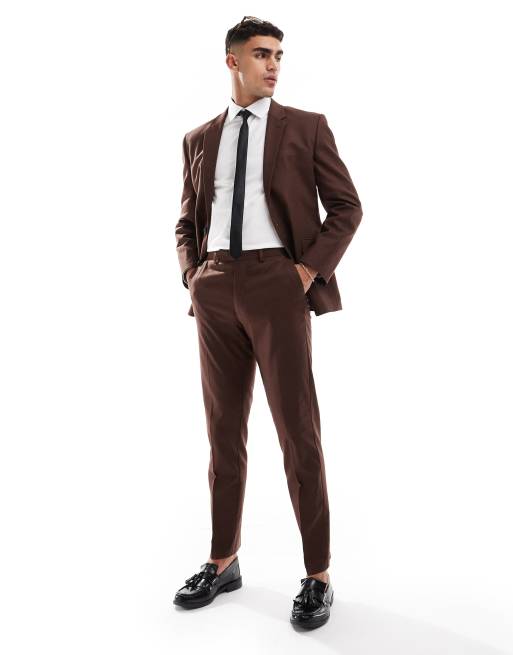 Pantalones de traje marrones de corte superpitillo de mezcla de lino de ASOS DESIGN