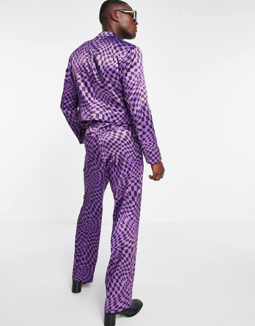 Pantalones de traje morados de pernera ancha a cuadros dameros ondulados de ASOS DESIGN , 2 de 4