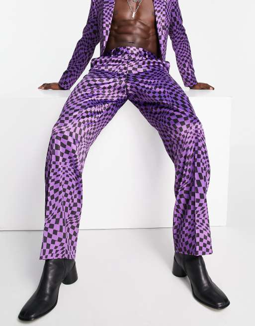 Pantalones de traje morados de pernera ancha a cuadros dameros ondulados de ASOS DESIGN , 4 de 4