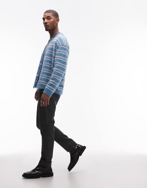 Pantalones de traje negro jaspeado de corte recto holgado y talle alto de mezcla de lana de Topman