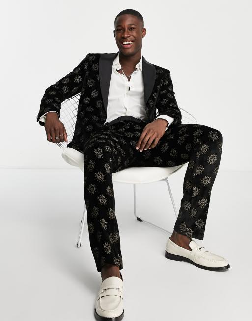 Pantalones de traje negros de corte pitillo con estampado dorado metalizado de estrellas Westgate de Twisted Tailor