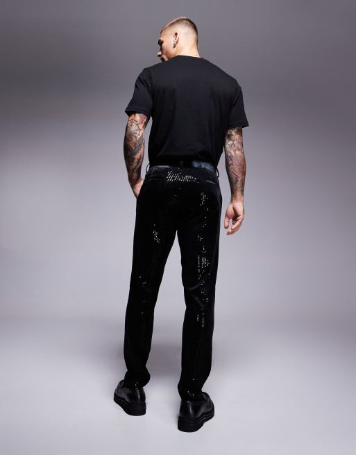 Pantalones de traje negros de corte pitillo de terciopelo con lentejuelas de ASOS DESIGN ASOS