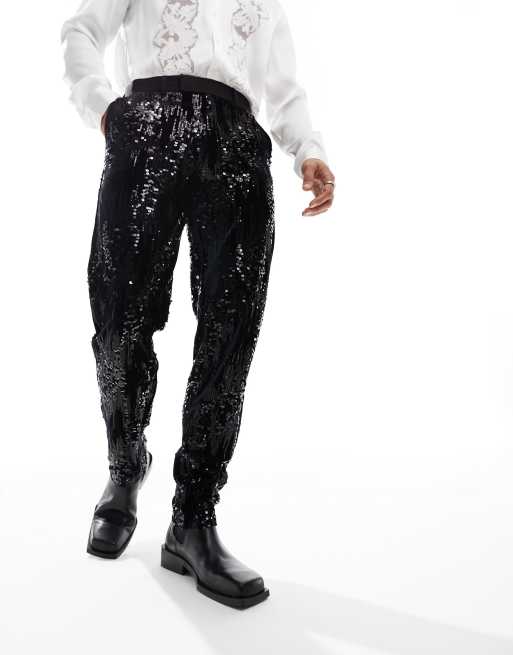 Pantalones de traje negros de corte slim con diseño esparcido con lentejuelas de ASOS DESIGN