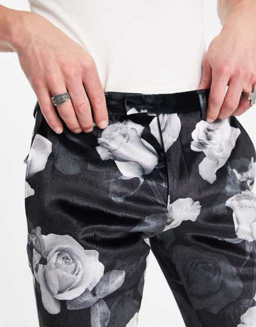 Pantalones de traje negros y grises de corte pitillo con estampado floral Lincoln de Twisted Tailor, 3 de 5