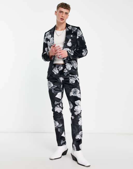 Pantalones de traje negros y grises de corte pitillo con estampado floral Lincoln de Twisted Tailor, 4 de 5
