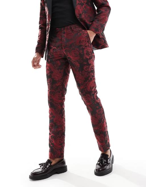 Pantalones de traje rojos de corte slim con patrón floral Ersat de Twisted Tailor (parte de un conjunto), 3 de 5