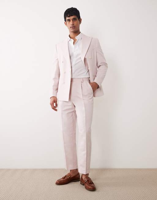 Traje rosa de corte slim con doble botonadura de tejido rico en lino de ASOS DESIGN, 2 de 3