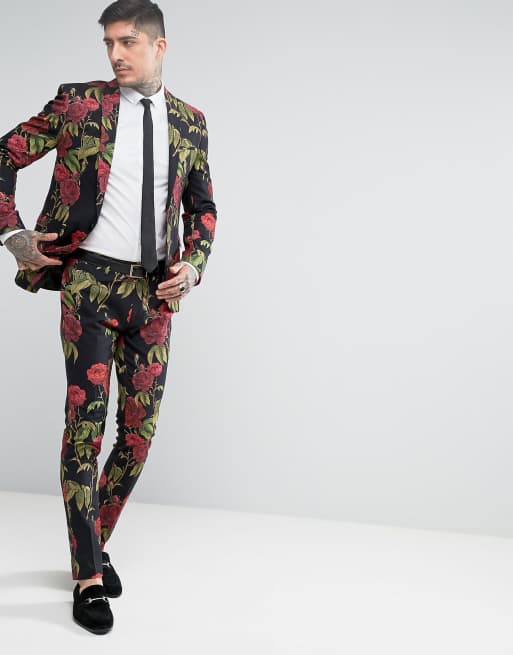Pantalones de traje súper ajustados con estampado de rosas rojas de ASOS, 3 de 4