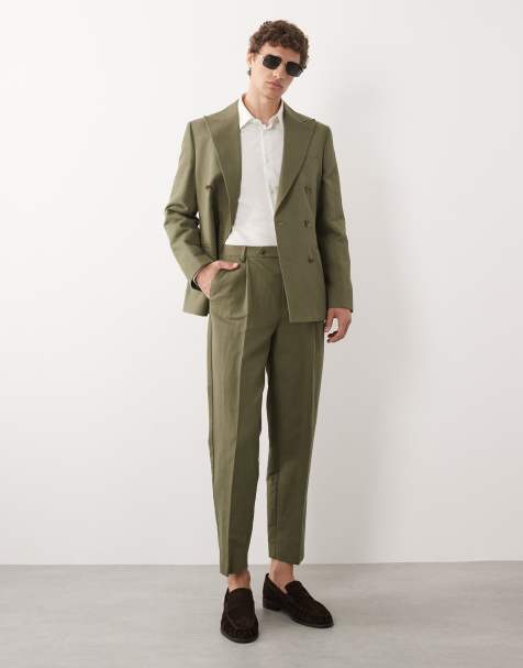 Pantalones de traje verde oliva oscuro de corte tapered holgado de tejido rico en lino de ASOS DESIGN - view 1