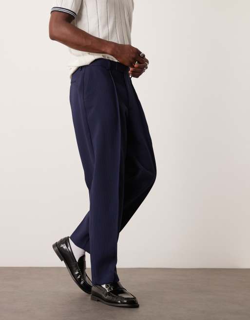 Pantalones de vestir azul marino de corte tapered extragrande con textura de canalé de ASOS DESIGN