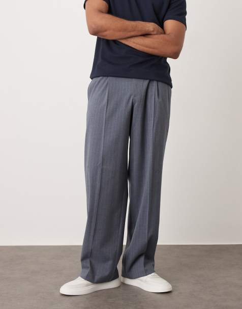 Pantalones de vestir azul oscuro de pernera ancha con raya diplomática y cintura elástica de franela de ASOS DESIGN - view 1