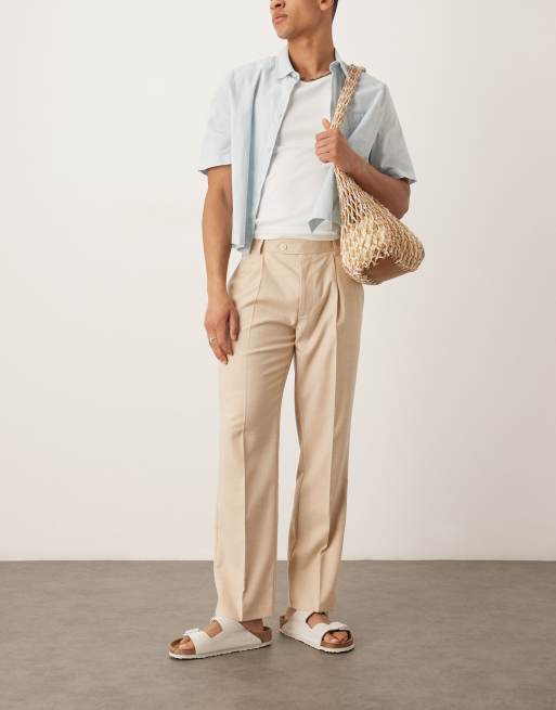 Pantalones de vestir beis de corte tapered con pinzas delanteras y patrón texturizado de hilos cruzados de ASOS DESIGN
