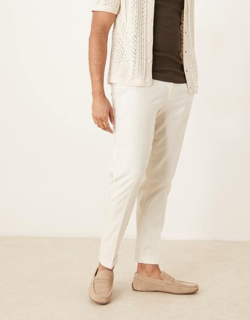 Pantalones de vestir color crudo de corte tapered con dobladillos vueltos de mezcla de lino de ASOS DESIGN
