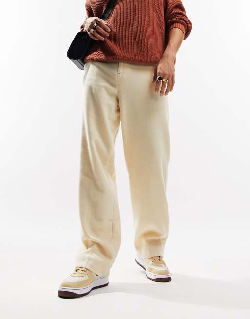 Pantalones de vestir color piedra de corte ancho con estampado de pata de gallo pequeño de mezcla de lana de ASOS DESIGN