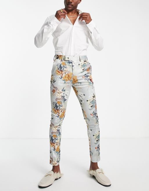 Pantalones de vestir color piedra de corte superpitillo con estampado floral de ASOS DESIGN Wedding