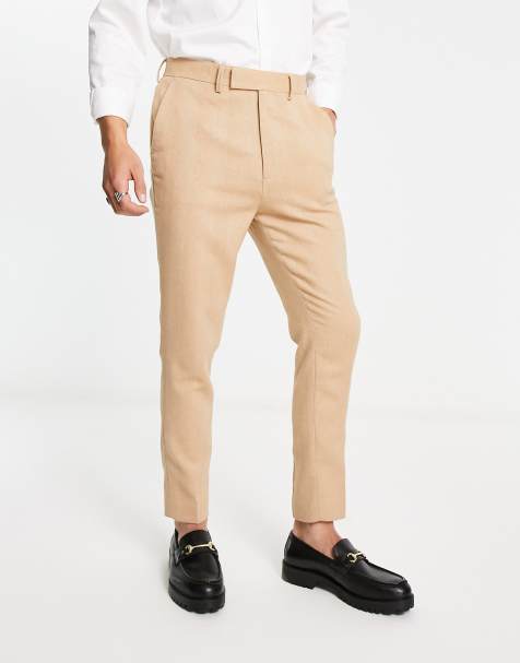 Pantalones elegantes de pernera ancha y talle alto en color camel con  diseño de espiga de ASOS DESIGN