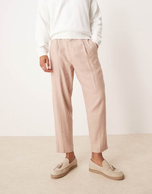 Pantalones de vestir color piedra de corte tapered holgado con patrón de espiga de ASOS DESIGN