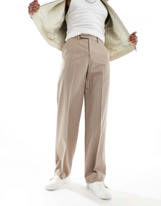 Pantalones de vestir color piedra de pernera ancha con estampado de cuadrícula de ASOS DESIGN