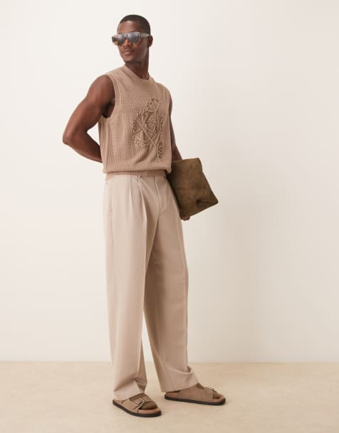 Pantalones de vestir color piedra de pernera ancha con pinzas dobles de ASOS DESIGN - view 1
