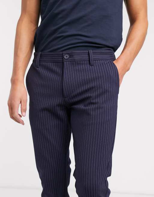 Pantalones de vestir elásticos a rayas finas en azul marino de Only & Sons, 3 de 4