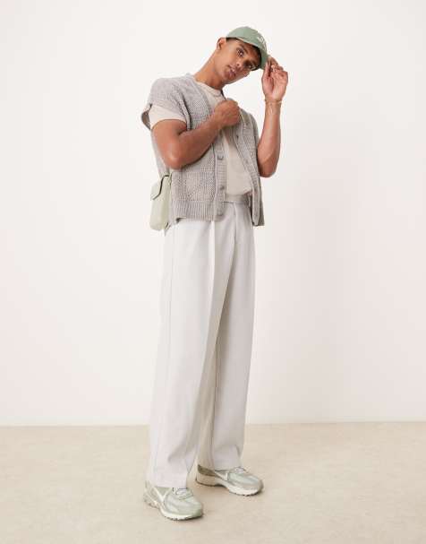 Pantalones de vestir gris claro de pernera ancha con pinzas y diseño de espiguilla de mezcla de lana de ASOS DESIGN - view 1