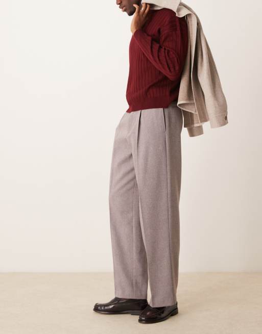 Pantalones de vestir marrón claro de pernera ancha con diseño de espiguilla de mezcla de lana de ASOS DESIGN