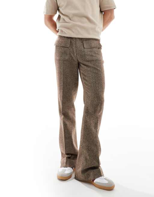 Pantalones de vestir marrones de corte acampanado con bolsillos delanteros de mezcla de lana de ASOS DESIGN