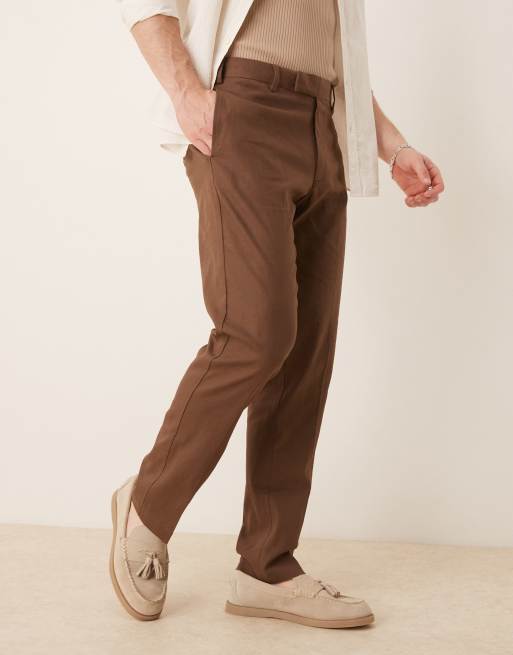 ASOS DESIGN slim fit linen blend dress pants in brown