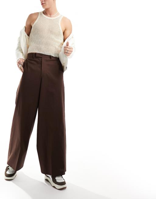 Pantalones de vestir marrones de pernera muy ancha de mezcla de lino de ASOS DESIGN