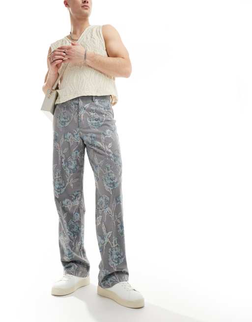 Pantalones de vestir multicolores de pernera ancha con estampado floral pixelado de lentejuelas de ASOS DESIGN