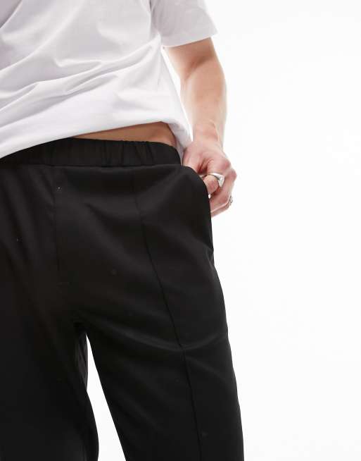 Pantalones de vestir negros de corte tapered con cinturilla elástica de Topman, 4 de 4