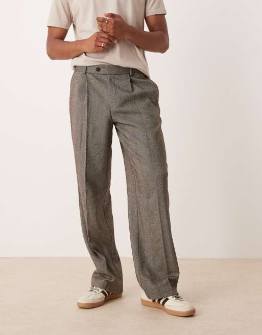 Pantalones de vestir negros de pernera ancha con patrón de espiga y pinzas delanteras de mezcla de lana de ASOS DESIGN