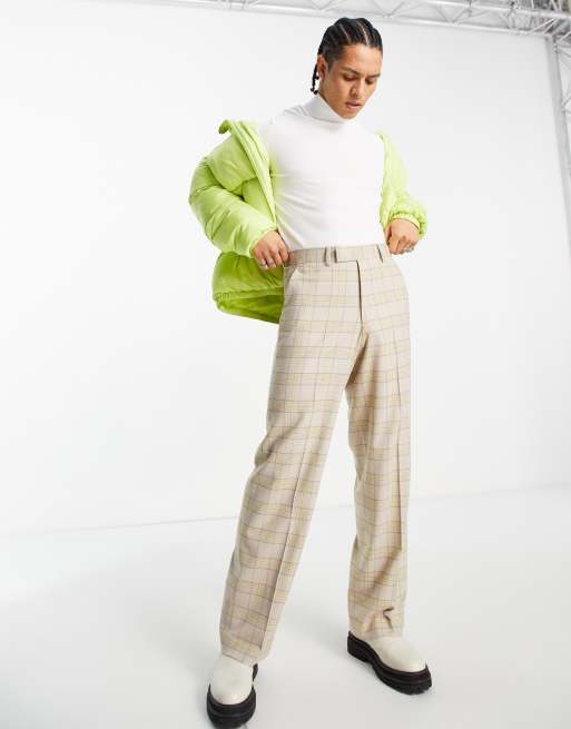Pantalones de vestir verde lima de pernera ancha con diseño a cuadros en contraste de ASOS DESIGN
