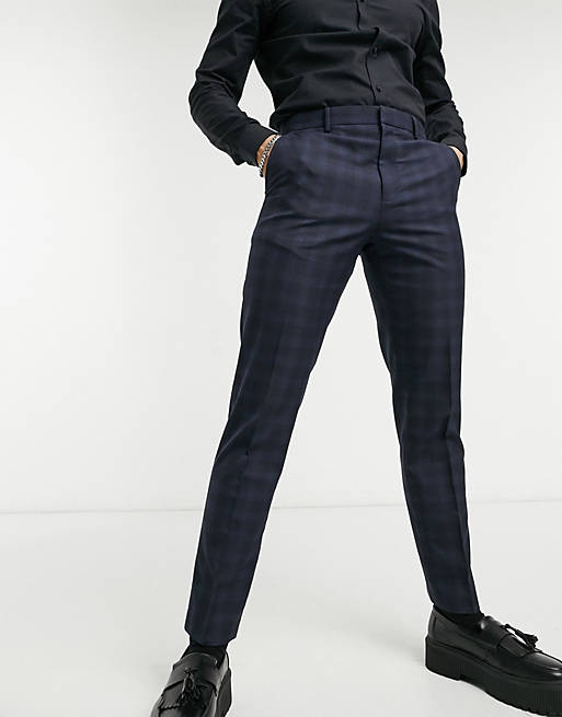 Pantalones en azul marino a cuadros de corte slim de Burton Menswear