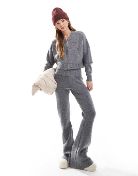 Pantalones gris carbón de corte acampanado con cinturilla plegada de punto exclusivos de The Frolic (parte de un conjunto) - view 1