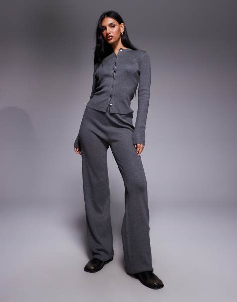Pantalones gris carbón de pernera ancha de punto fino exclusivos de Kaiia (parte de un conjunto) - view 1