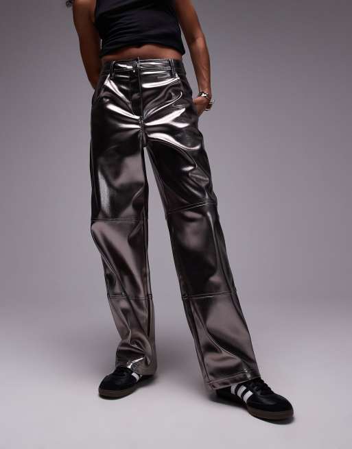 Pantalones gris plomo metalizado de pernera recta de cuero sintético de Topshop