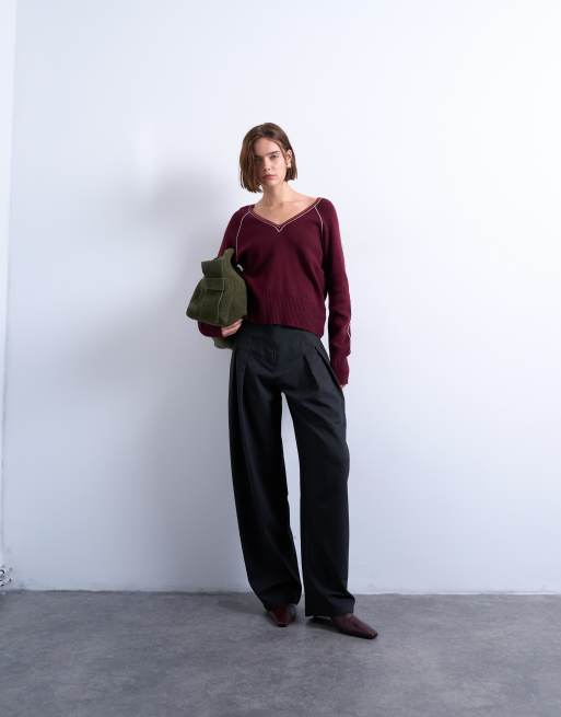 Pantalones grises de corte bombacho y cintura baja con diseño de espiga de Topshop