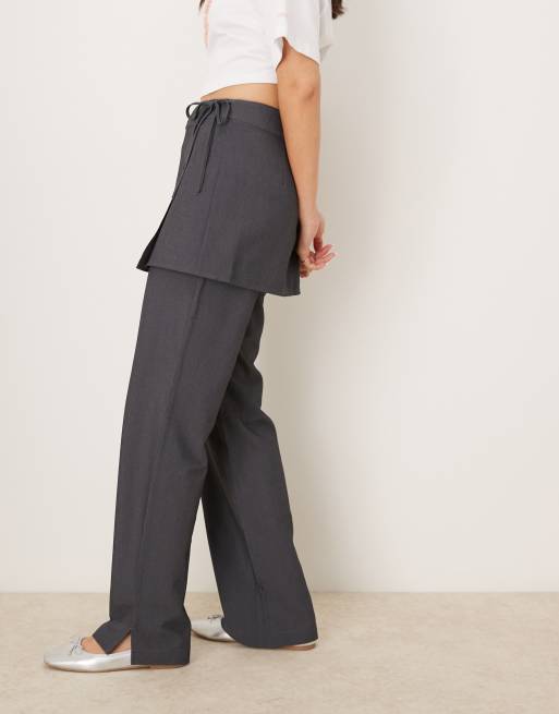Pantalones grises de pernera recta con falda efecto 2 en 1 y lazada lateral de Pimkie, 3 de 5