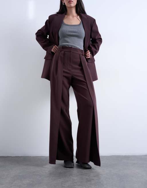 Pantalones marrón chocolate ciruela de pernera recta con pinzas dobles de Topshop (parte de un conjunto), 3 de 5