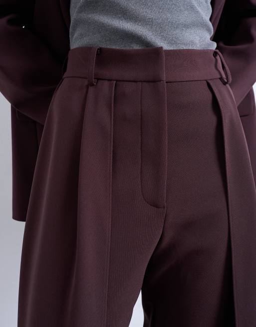 Pantalones marrón chocolate ciruela de pernera recta con pinzas dobles de Topshop (parte de un conjunto), 4 de 5