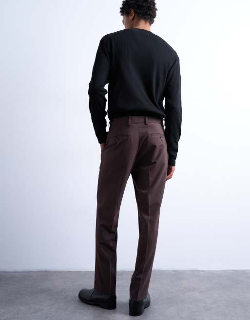 Pantalones marrón chocolate de corte recto de tejido efecto lana de Topman, 4 de 5