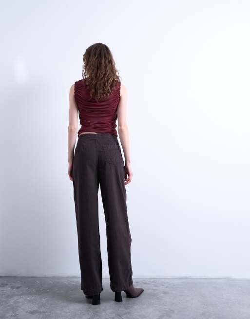Pantalones marrón chocolate de estilo casual y pernera barrel Flag de Topshop, 4 de 5