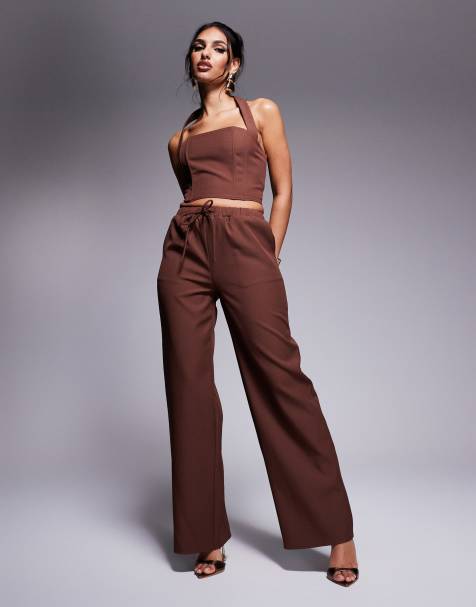 Pantalones marrón chocolate de pernera ancha con cordón ajustable en la cintura exclusivos de Kaiia (parte de un conjunto) - view 1