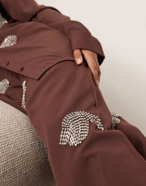 Pantalones marrón chocolate de pernera ancha con diseño de lunares con flecos de strass de ARRANGE (parte de un conjunto), 5 de 5